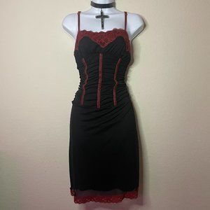 90s goth vampire midi dress with blood red lace trim and velvet